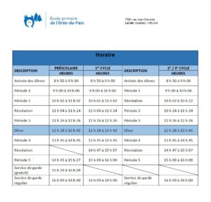 Horaire de l'école 2022-2023